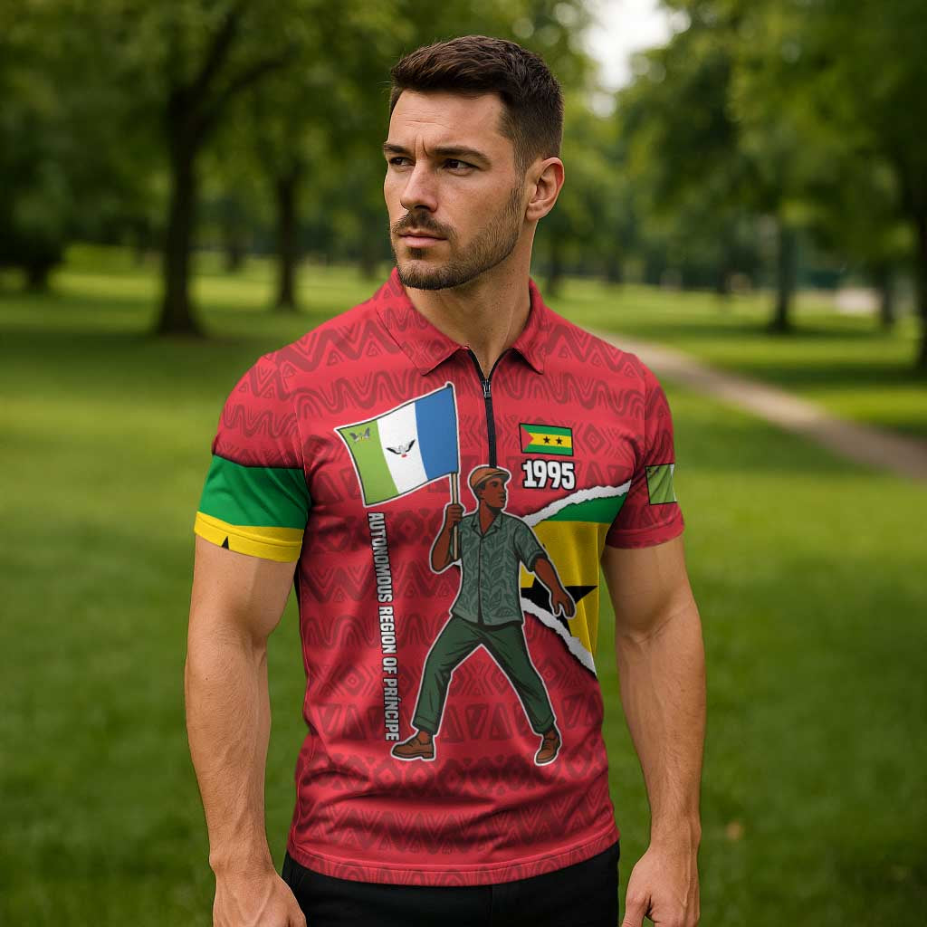Autonomous Region of Principe Independence Zipper Polo Shirt with 1995 Flag Design and Cultural Pattern - Wonder Print Shop
