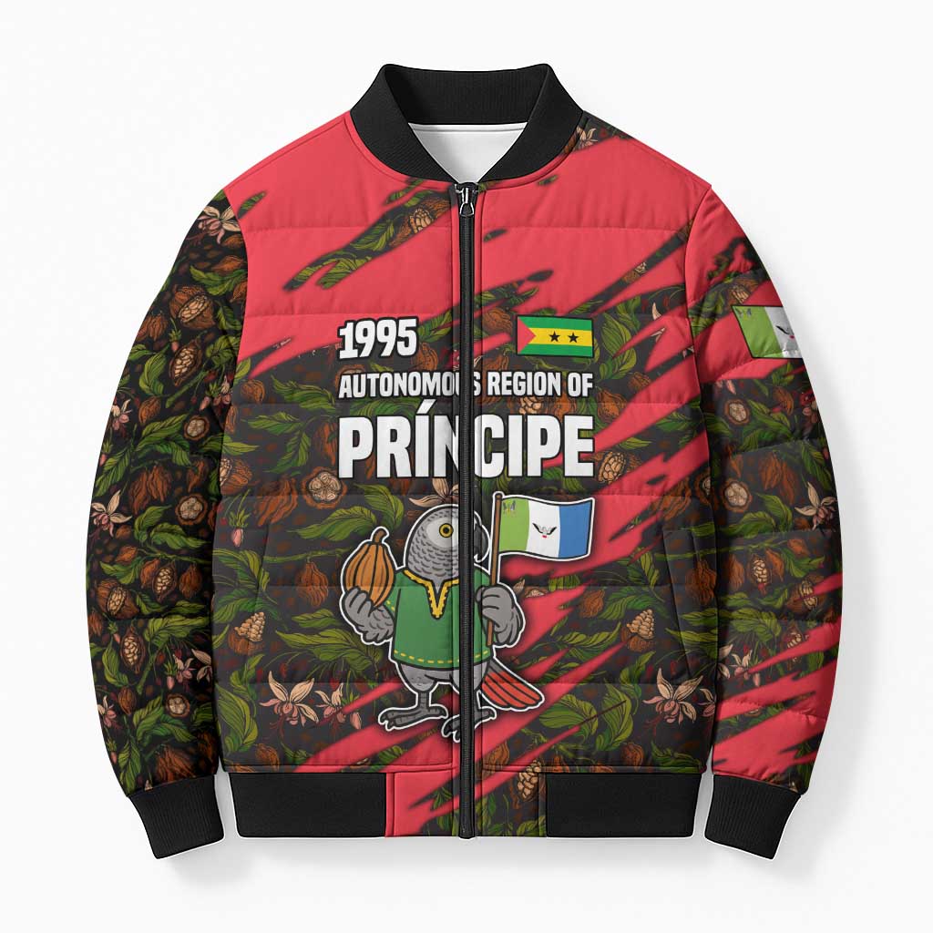 Principe Autonomous Region Bomber Puffer Jacket with Parrot Cacao and 1995 Flag Design - Wonder Print Shop