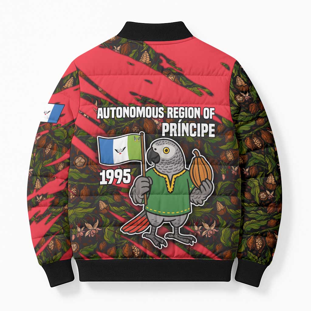 Principe Autonomous Region Bomber Puffer Jacket with Parrot Cacao and 1995 Flag Design - Wonder Print Shop