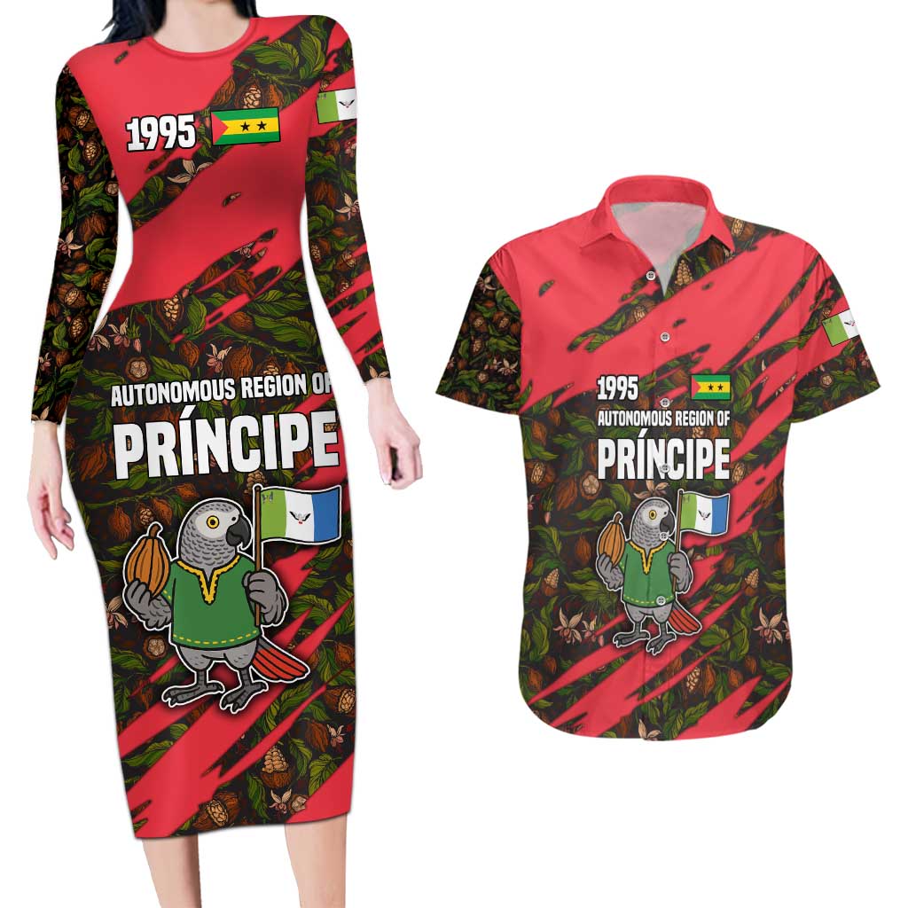 Principe Autonomous Region Couples Matching Long Sleeve Bodycon Dress and Hawaiian Shirt with Parrot Cacao and 1995 Flag Design - Wonder Print Shop