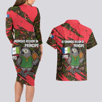 Principe Autonomous Region Couples Matching Long Sleeve Bodycon Dress and Hawaiian Shirt with Parrot Cacao and 1995 Flag Design - Wonder Print Shop