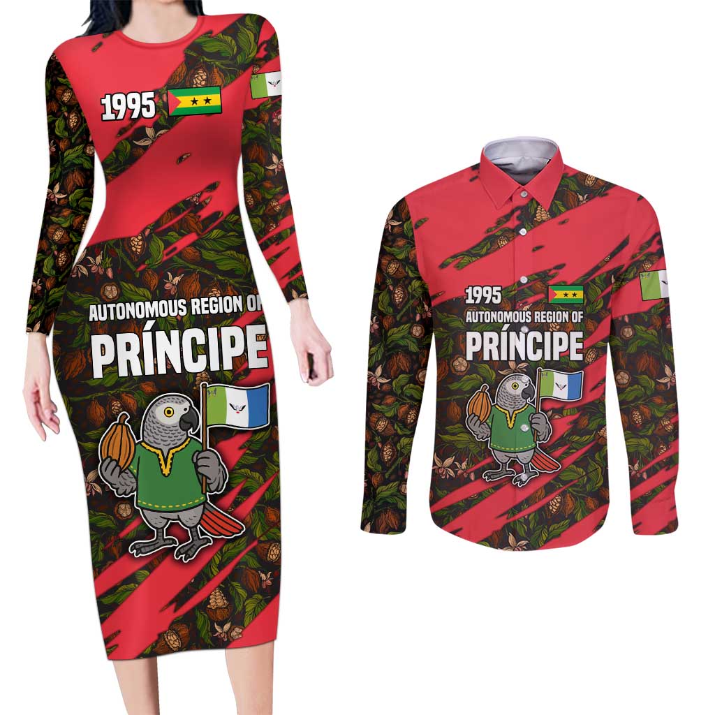 Principe Autonomous Region Couples Matching Long Sleeve Bodycon Dress and Long Sleeve Button Shirt with Parrot Cacao and 1995 Flag Design - Wonder Print Shop