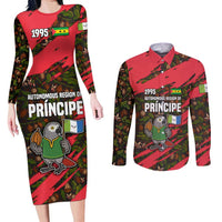 Principe Autonomous Region Couples Matching Long Sleeve Bodycon Dress and Long Sleeve Button Shirt with Parrot Cacao and 1995 Flag Design - Wonder Print Shop