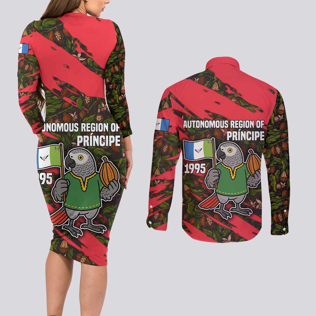 Principe Autonomous Region Couples Matching Long Sleeve Bodycon Dress and Long Sleeve Button Shirt with Parrot Cacao and 1995 Flag Design - Wonder Print Shop