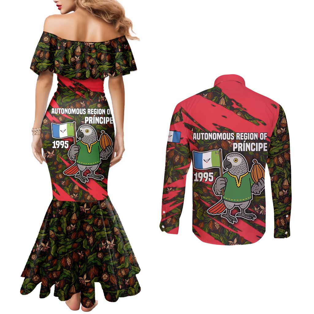 Principe Autonomous Region Couples Matching Mermaid Dress and Long Sleeve Button Shirt with Parrot Cacao and 1995 Flag Design - Wonder Print Shop