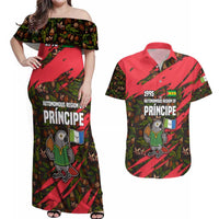 Principe Autonomous Region Couples Matching Off Shoulder Maxi Dress and Hawaiian Shirt with Parrot Cacao and 1995 Flag Design - Wonder Print Shop