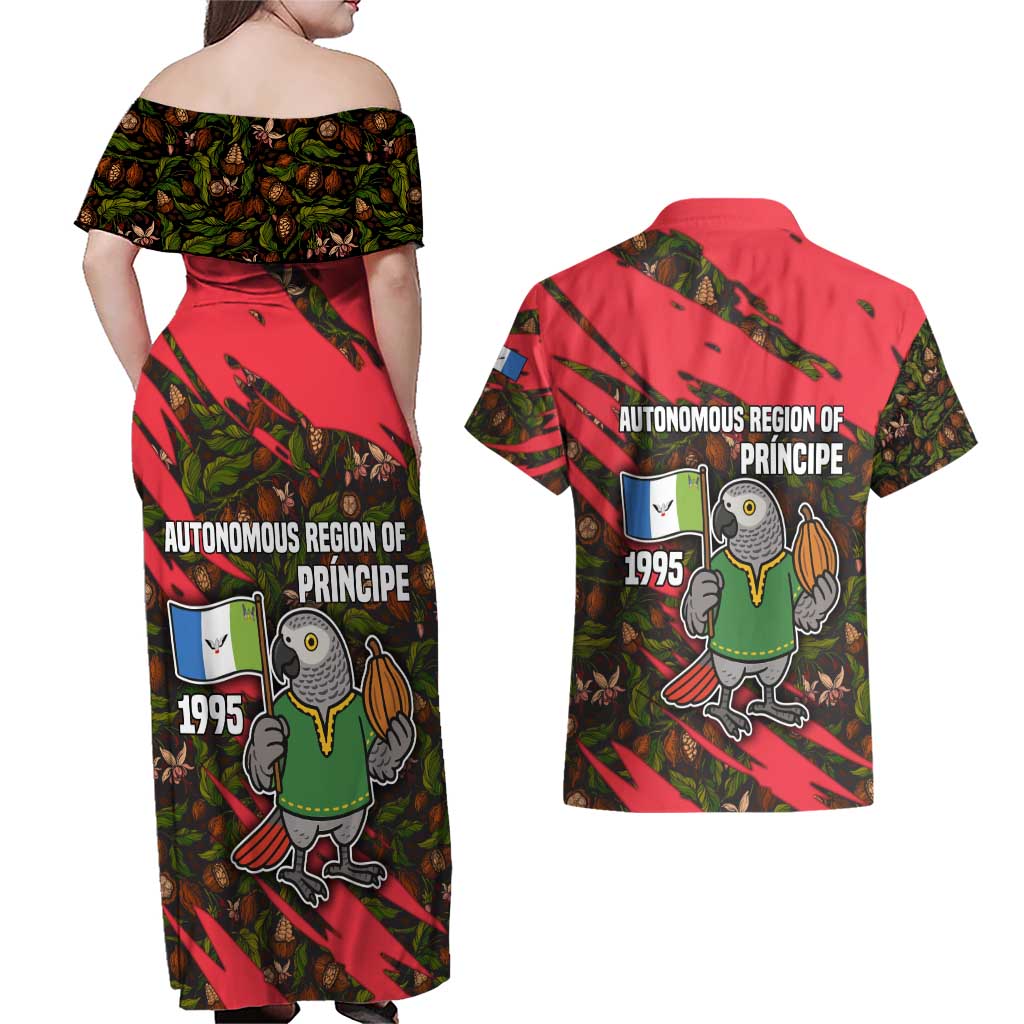 Principe Autonomous Region Couples Matching Off Shoulder Maxi Dress and Hawaiian Shirt with Parrot Cacao and 1995 Flag Design - Wonder Print Shop