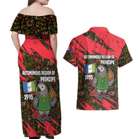 Principe Autonomous Region Couples Matching Off Shoulder Maxi Dress and Hawaiian Shirt with Parrot Cacao and 1995 Flag Design - Wonder Print Shop