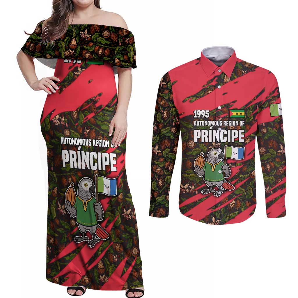 Principe Autonomous Region Couples Matching Off Shoulder Maxi Dress and Long Sleeve Button Shirt with Parrot Cacao and 1995 Flag Design - Wonder Print Shop
