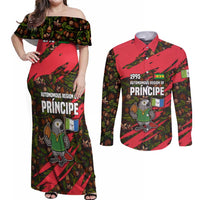Principe Autonomous Region Couples Matching Off Shoulder Maxi Dress and Long Sleeve Button Shirt with Parrot Cacao and 1995 Flag Design - Wonder Print Shop