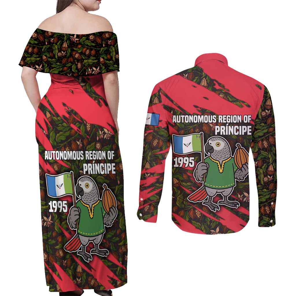 Principe Autonomous Region Couples Matching Off Shoulder Maxi Dress and Long Sleeve Button Shirt with Parrot Cacao and 1995 Flag Design - Wonder Print Shop