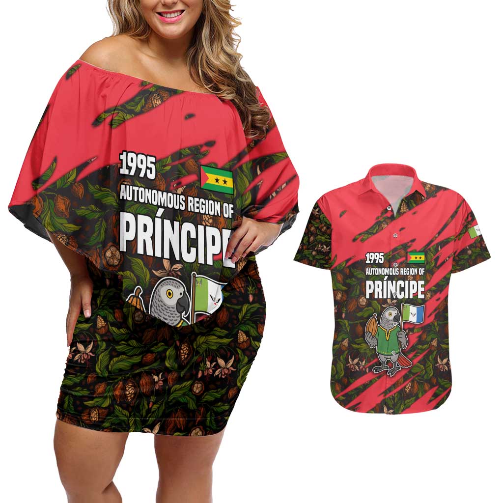 Principe Autonomous Region Couples Matching Off Shoulder Short Dress and Hawaiian Shirt with Parrot Cacao and 1995 Flag Design - Wonder Print Shop
