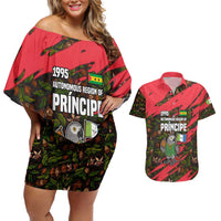 Principe Autonomous Region Couples Matching Off Shoulder Short Dress and Hawaiian Shirt with Parrot Cacao and 1995 Flag Design - Wonder Print Shop