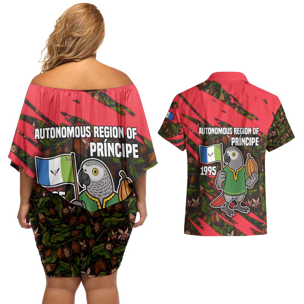 Principe Autonomous Region Couples Matching Off Shoulder Short Dress and Hawaiian Shirt with Parrot Cacao and 1995 Flag Design - Wonder Print Shop