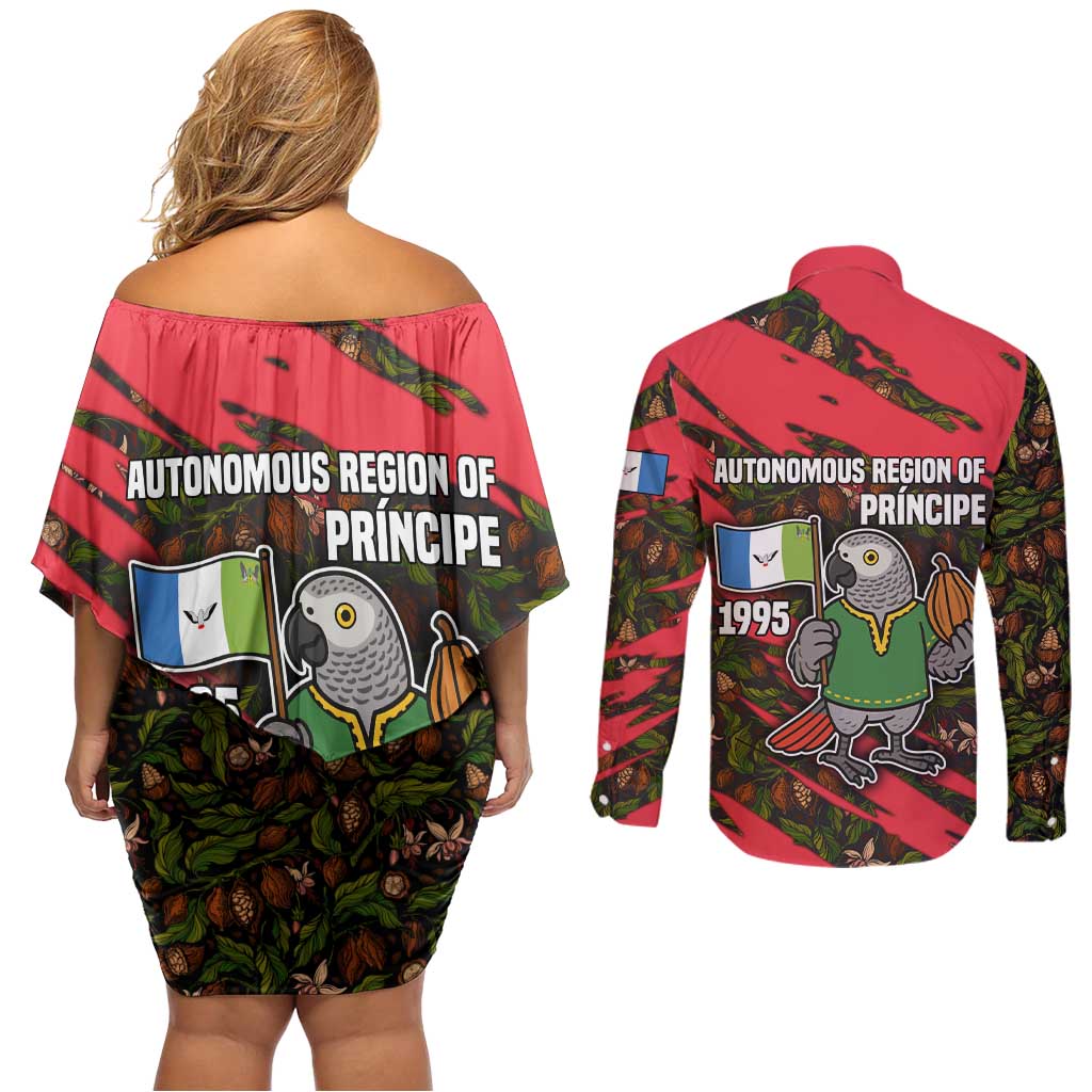 Principe Autonomous Region Couples Matching Off Shoulder Short Dress and Long Sleeve Button Shirt with Parrot Cacao and 1995 Flag Design - Wonder Print Shop