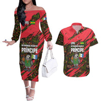 Principe Autonomous Region Couples Matching Off The Shoulder Long Sleeve Dress and Hawaiian Shirt with Parrot Cacao and 1995 Flag Design - Wonder Print Shop