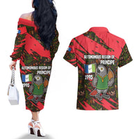 Principe Autonomous Region Couples Matching Off The Shoulder Long Sleeve Dress and Hawaiian Shirt with Parrot Cacao and 1995 Flag Design - Wonder Print Shop