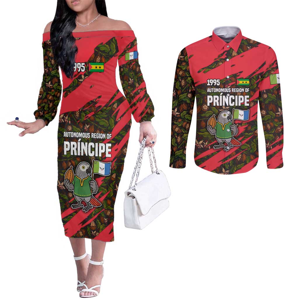 Principe Autonomous Region Couples Matching Off The Shoulder Long Sleeve Dress and Long Sleeve Button Shirt with Parrot Cacao and 1995 Flag Design - Wonder Print Shop