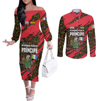 Principe Autonomous Region Couples Matching Off The Shoulder Long Sleeve Dress and Long Sleeve Button Shirt with Parrot Cacao and 1995 Flag Design - Wonder Print Shop