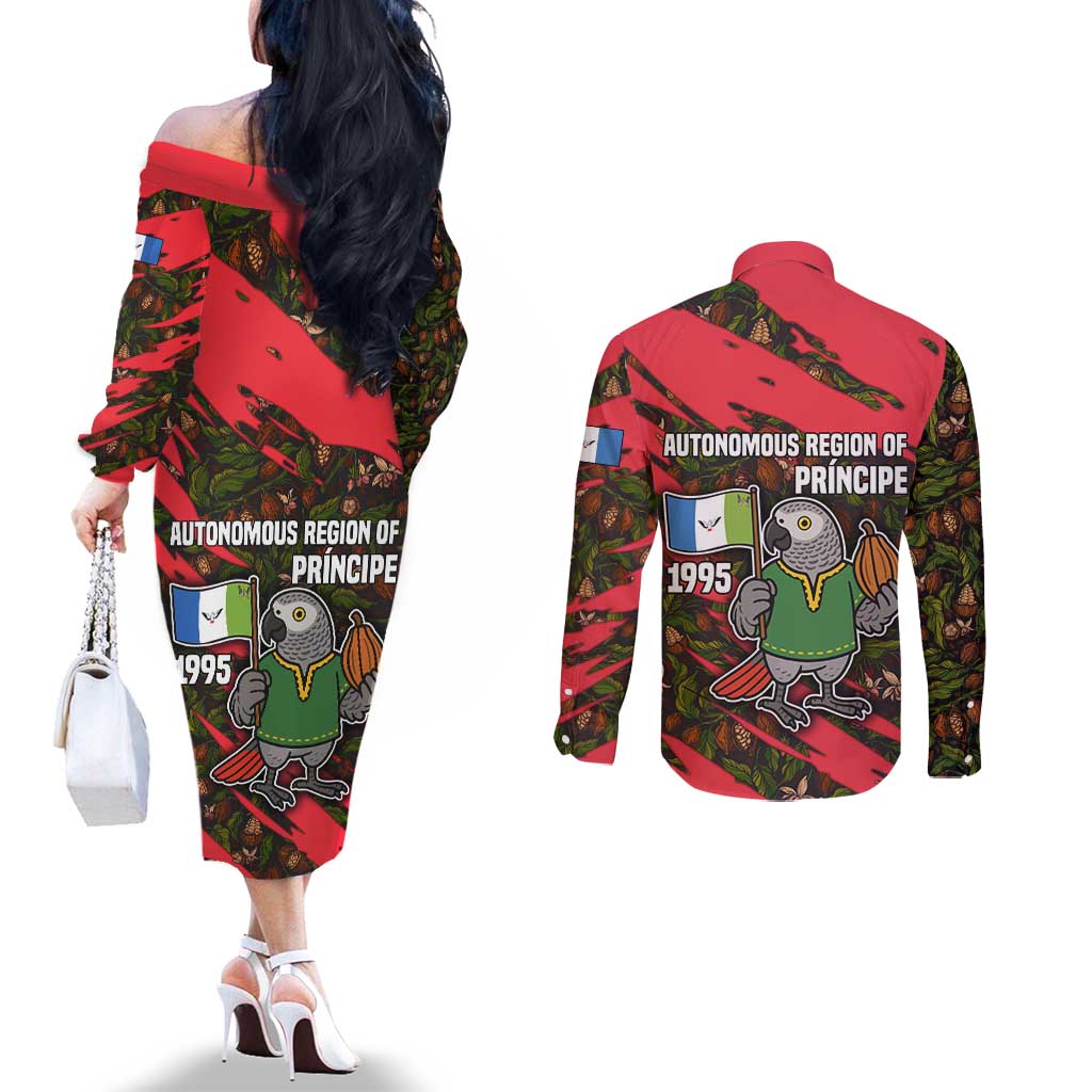 Principe Autonomous Region Couples Matching Off The Shoulder Long Sleeve Dress and Long Sleeve Button Shirt with Parrot Cacao and 1995 Flag Design - Wonder Print Shop