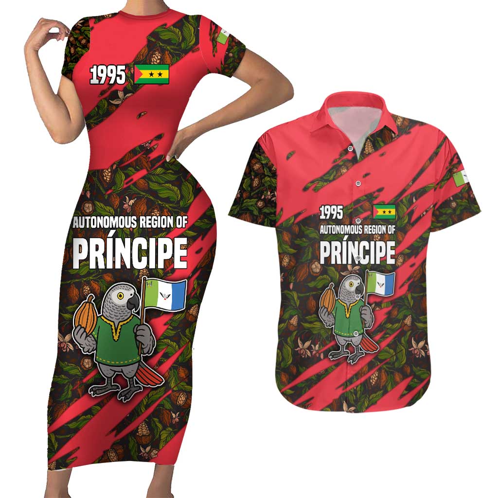 Principe Autonomous Region Couples Matching Short Sleeve Bodycon Dress and Hawaiian Shirt with Parrot Cacao and 1995 Flag Design - Wonder Print Shop