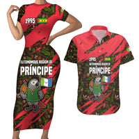 Principe Autonomous Region Couples Matching Short Sleeve Bodycon Dress and Hawaiian Shirt with Parrot Cacao and 1995 Flag Design - Wonder Print Shop