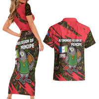Principe Autonomous Region Couples Matching Short Sleeve Bodycon Dress and Hawaiian Shirt with Parrot Cacao and 1995 Flag Design - Wonder Print Shop