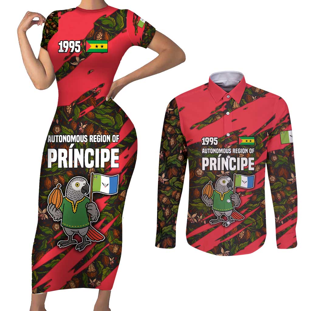 Principe Autonomous Region Couples Matching Short Sleeve Bodycon Dress and Long Sleeve Button Shirt with Parrot Cacao and 1995 Flag Design - Wonder Print Shop