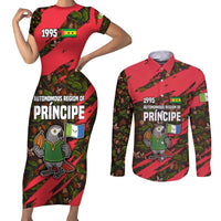 Principe Autonomous Region Couples Matching Short Sleeve Bodycon Dress and Long Sleeve Button Shirt with Parrot Cacao and 1995 Flag Design - Wonder Print Shop