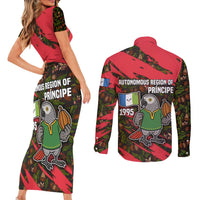 Principe Autonomous Region Couples Matching Short Sleeve Bodycon Dress and Long Sleeve Button Shirt with Parrot Cacao and 1995 Flag Design - Wonder Print Shop