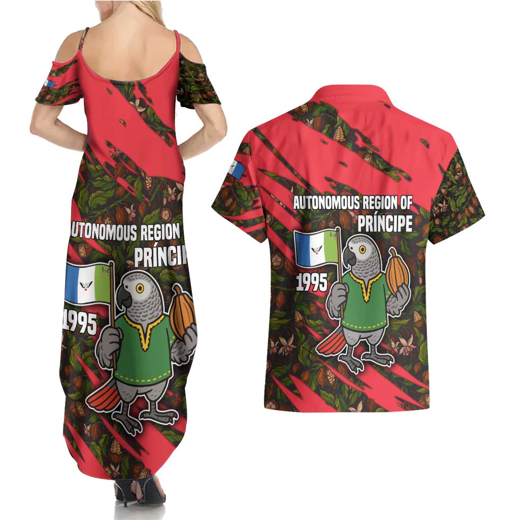 Principe Autonomous Region Couples Matching Summer Maxi Dress and Hawaiian Shirt with Parrot Cacao and 1995 Flag Design - Wonder Print Shop