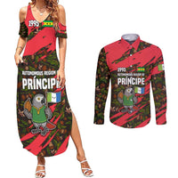 Principe Autonomous Region Couples Matching Summer Maxi Dress and Long Sleeve Button Shirt with Parrot Cacao and 1995 Flag Design - Wonder Print Shop