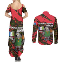 Principe Autonomous Region Couples Matching Summer Maxi Dress and Long Sleeve Button Shirt with Parrot Cacao and 1995 Flag Design - Wonder Print Shop