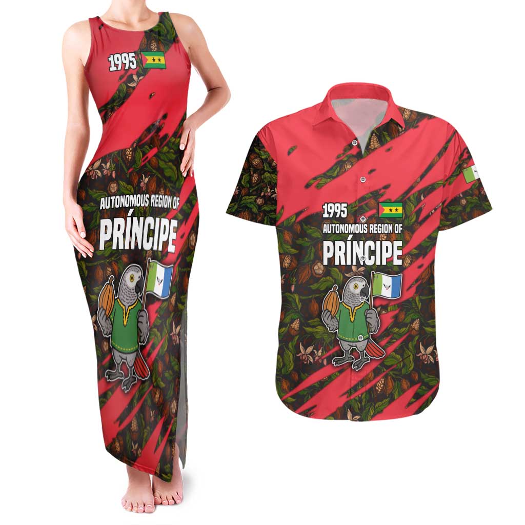 Principe Autonomous Region Couples Matching Tank Maxi Dress and Hawaiian Shirt with Parrot Cacao and 1995 Flag Design - Wonder Print Shop