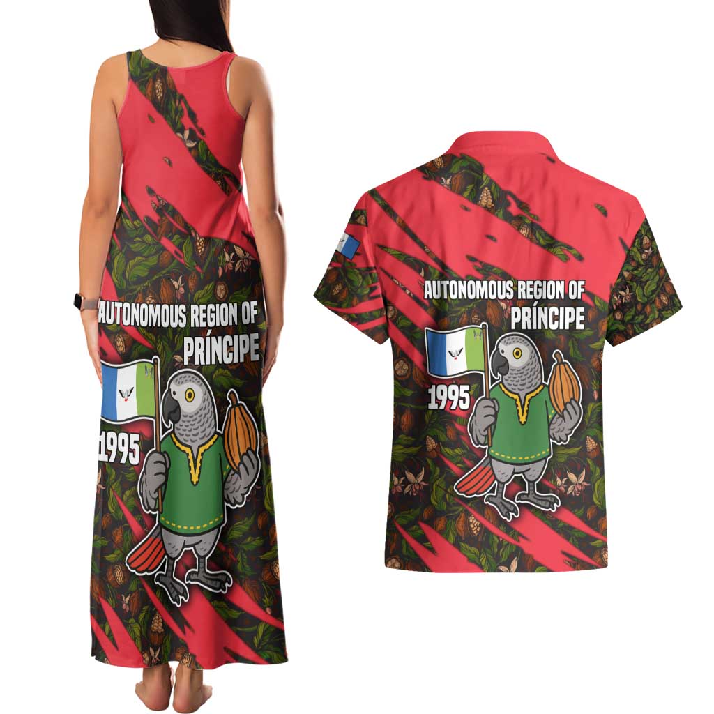 Principe Autonomous Region Couples Matching Tank Maxi Dress and Hawaiian Shirt with Parrot Cacao and 1995 Flag Design - Wonder Print Shop
