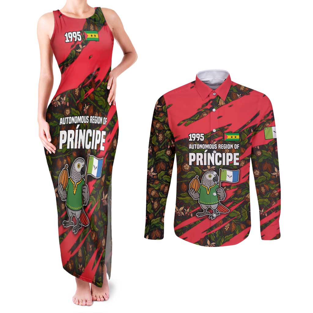 Principe Autonomous Region Couples Matching Tank Maxi Dress and Long Sleeve Button Shirt with Parrot Cacao and 1995 Flag Design - Wonder Print Shop