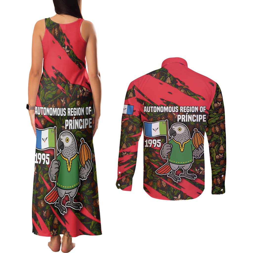 Principe Autonomous Region Couples Matching Tank Maxi Dress and Long Sleeve Button Shirt with Parrot Cacao and 1995 Flag Design - Wonder Print Shop