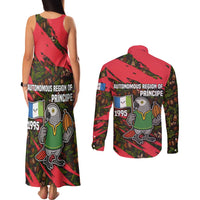 Principe Autonomous Region Couples Matching Tank Maxi Dress and Long Sleeve Button Shirt with Parrot Cacao and 1995 Flag Design - Wonder Print Shop