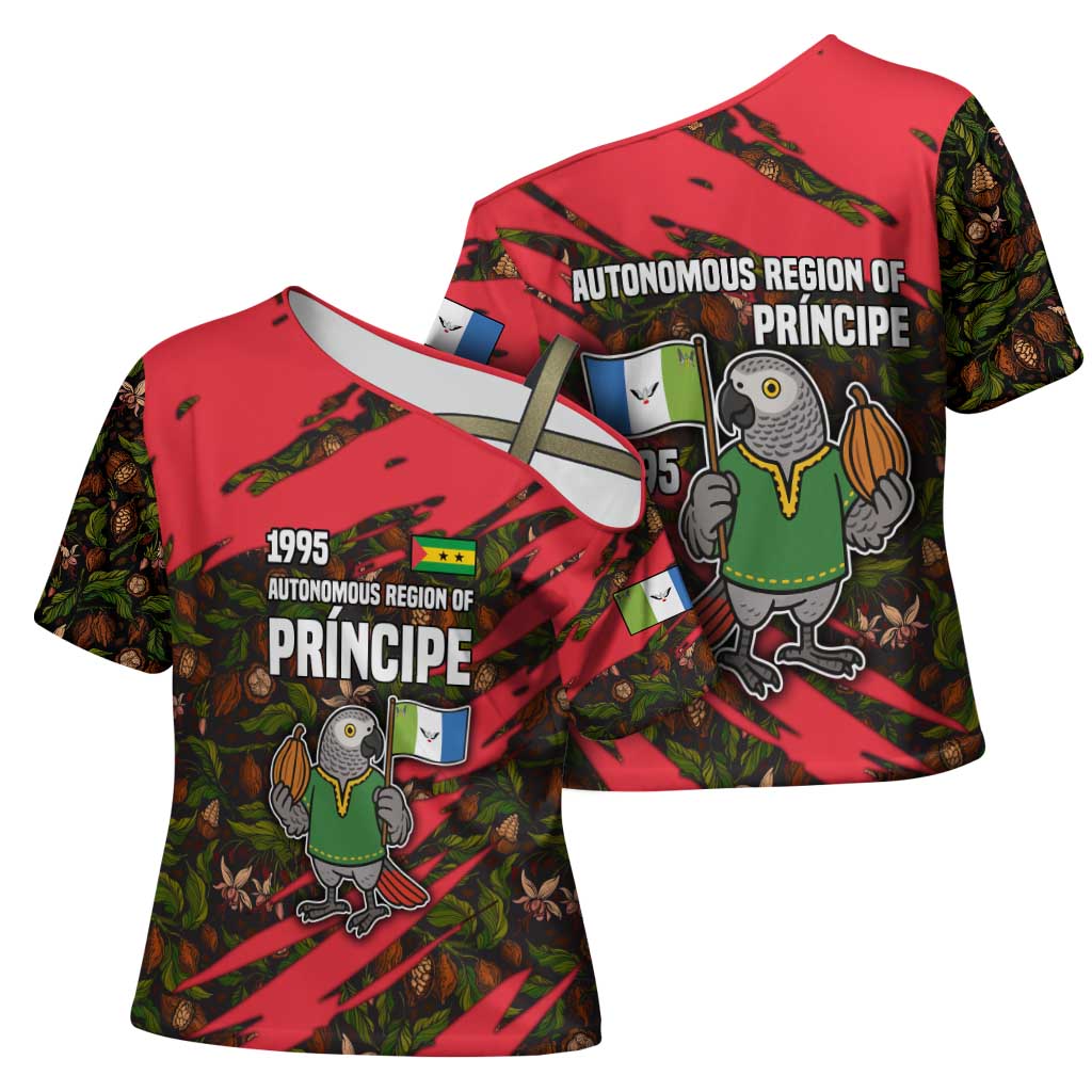 Principe Autonomous Region Cross Shoulder Shirt with Parrot Cacao and 1995 Flag Design - Wonder Print Shop
