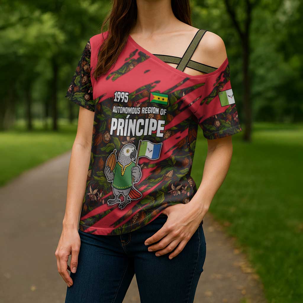 Principe Autonomous Region Cross Shoulder Shirt with Parrot Cacao and 1995 Flag Design - Wonder Print Shop
