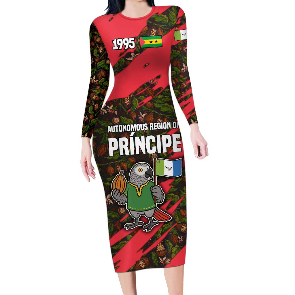Principe Autonomous Region Family Matching Long Sleeve Bodycon Dress and Hawaiian Shirt with Parrot Cacao and 1995 Flag Design - Wonder Print Shop