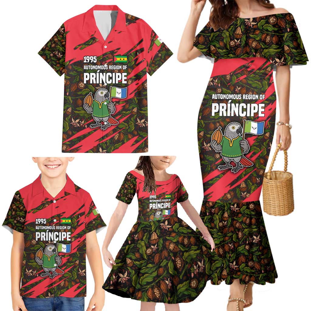 Principe Autonomous Region Family Matching Mermaid Dress and Hawaiian Shirt with Parrot Cacao and 1995 Flag Design - Wonder Print Shop