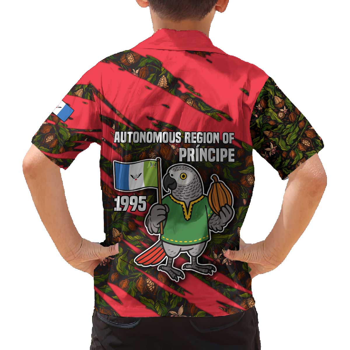 Principe Autonomous Region Family Matching Off The Shoulder Long Sleeve Dress and Hawaiian Shirt with Parrot Cacao and 1995 Flag Design - Wonder Print Shop