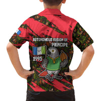 Principe Autonomous Region Family Matching Off The Shoulder Long Sleeve Dress and Hawaiian Shirt with Parrot Cacao and 1995 Flag Design - Wonder Print Shop