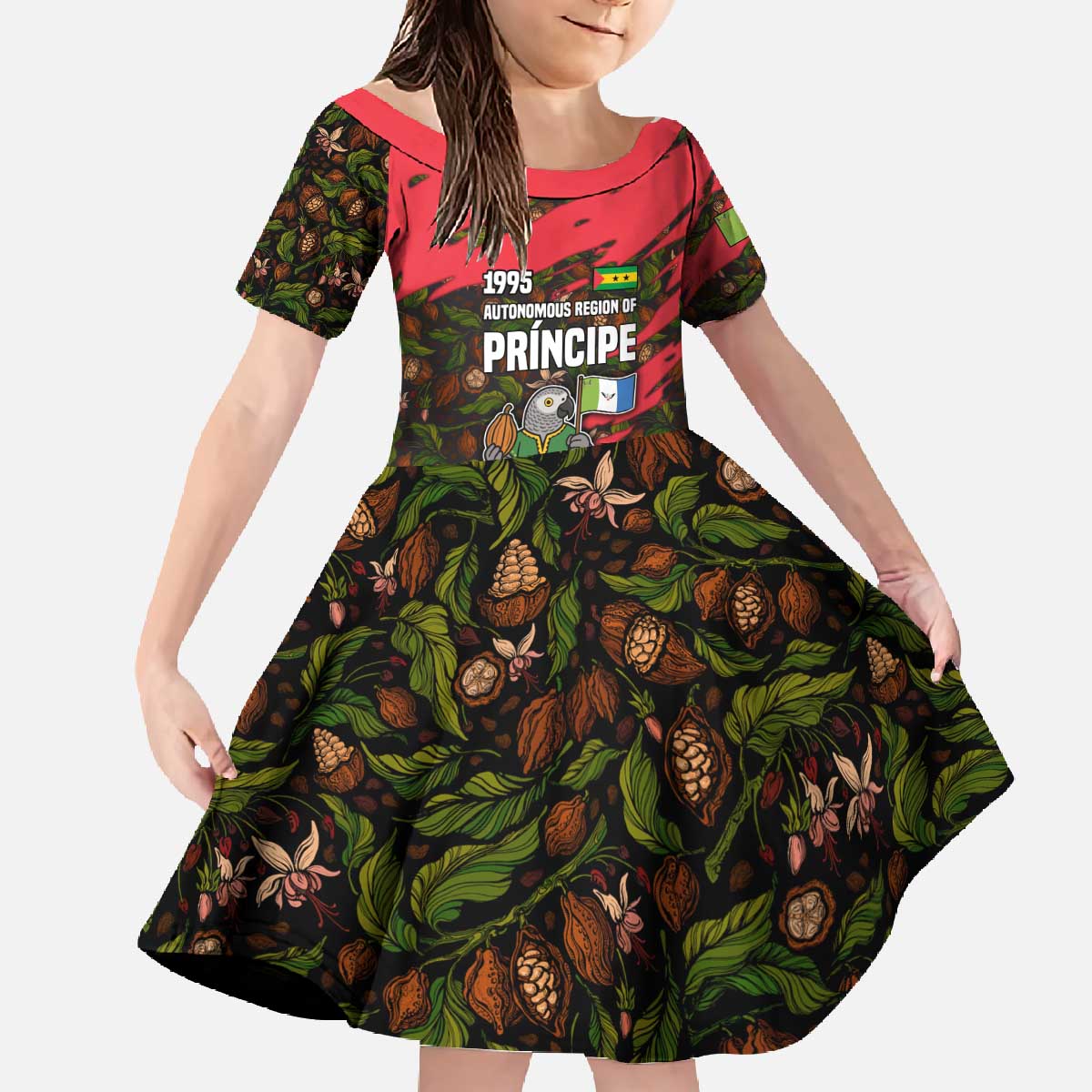 Principe Autonomous Region Family Matching Off The Shoulder Long Sleeve Dress and Hawaiian Shirt with Parrot Cacao and 1995 Flag Design - Wonder Print Shop