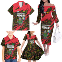Principe Autonomous Region Family Matching Off The Shoulder Long Sleeve Dress and Hawaiian Shirt with Parrot Cacao and 1995 Flag Design - Wonder Print Shop