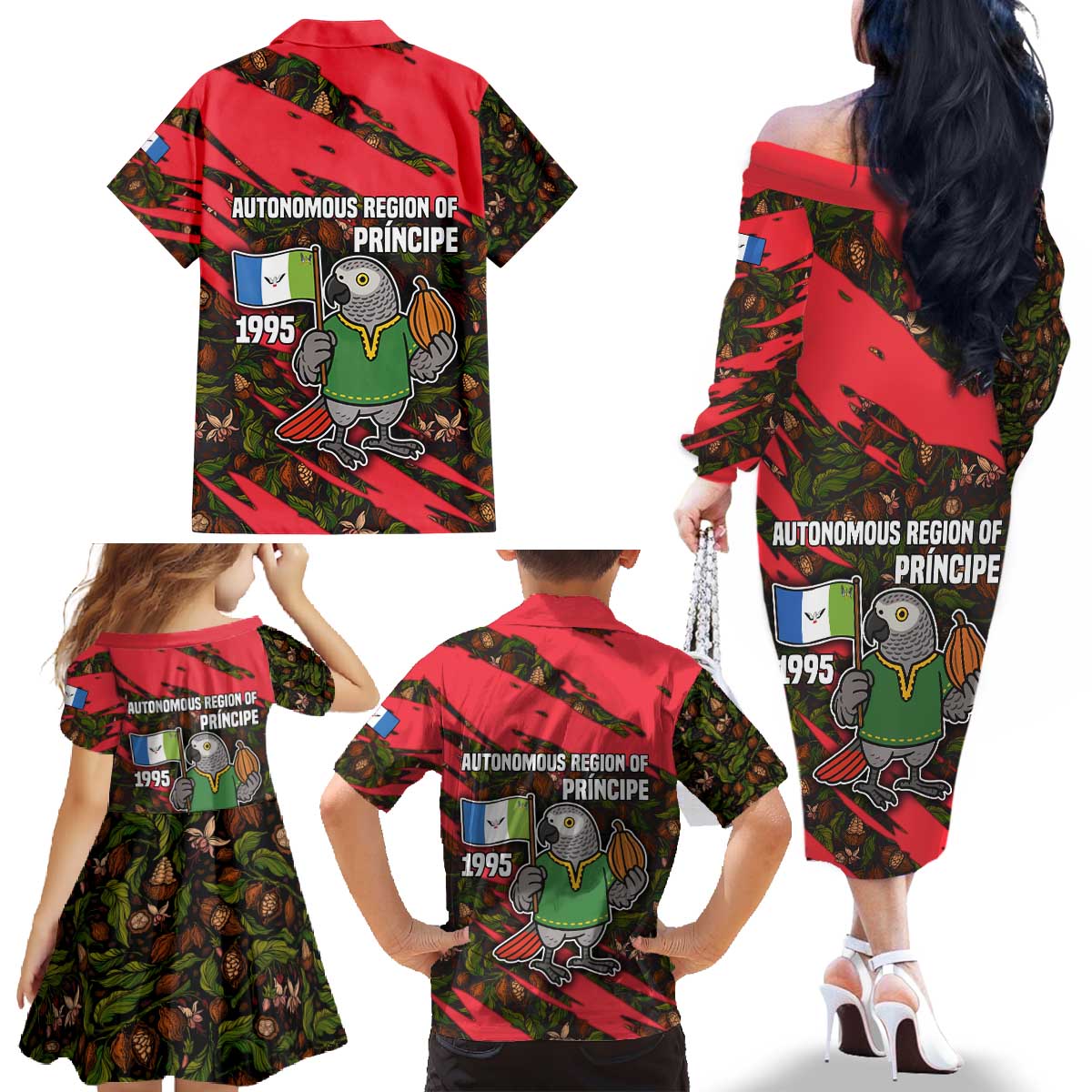 Principe Autonomous Region Family Matching Off The Shoulder Long Sleeve Dress and Hawaiian Shirt with Parrot Cacao and 1995 Flag Design - Wonder Print Shop