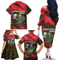 Principe Autonomous Region Family Matching Off The Shoulder Long Sleeve Dress and Hawaiian Shirt with Parrot Cacao and 1995 Flag Design - Wonder Print Shop