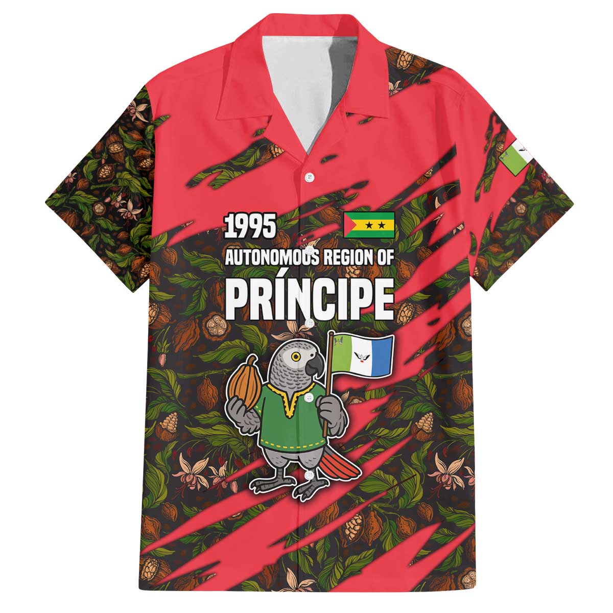 Principe Autonomous Region Family Matching Off The Shoulder Long Sleeve Dress and Hawaiian Shirt with Parrot Cacao and 1995 Flag Design - Wonder Print Shop