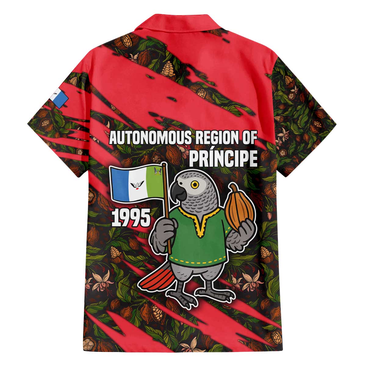 Principe Autonomous Region Family Matching Off The Shoulder Long Sleeve Dress and Hawaiian Shirt with Parrot Cacao and 1995 Flag Design - Wonder Print Shop